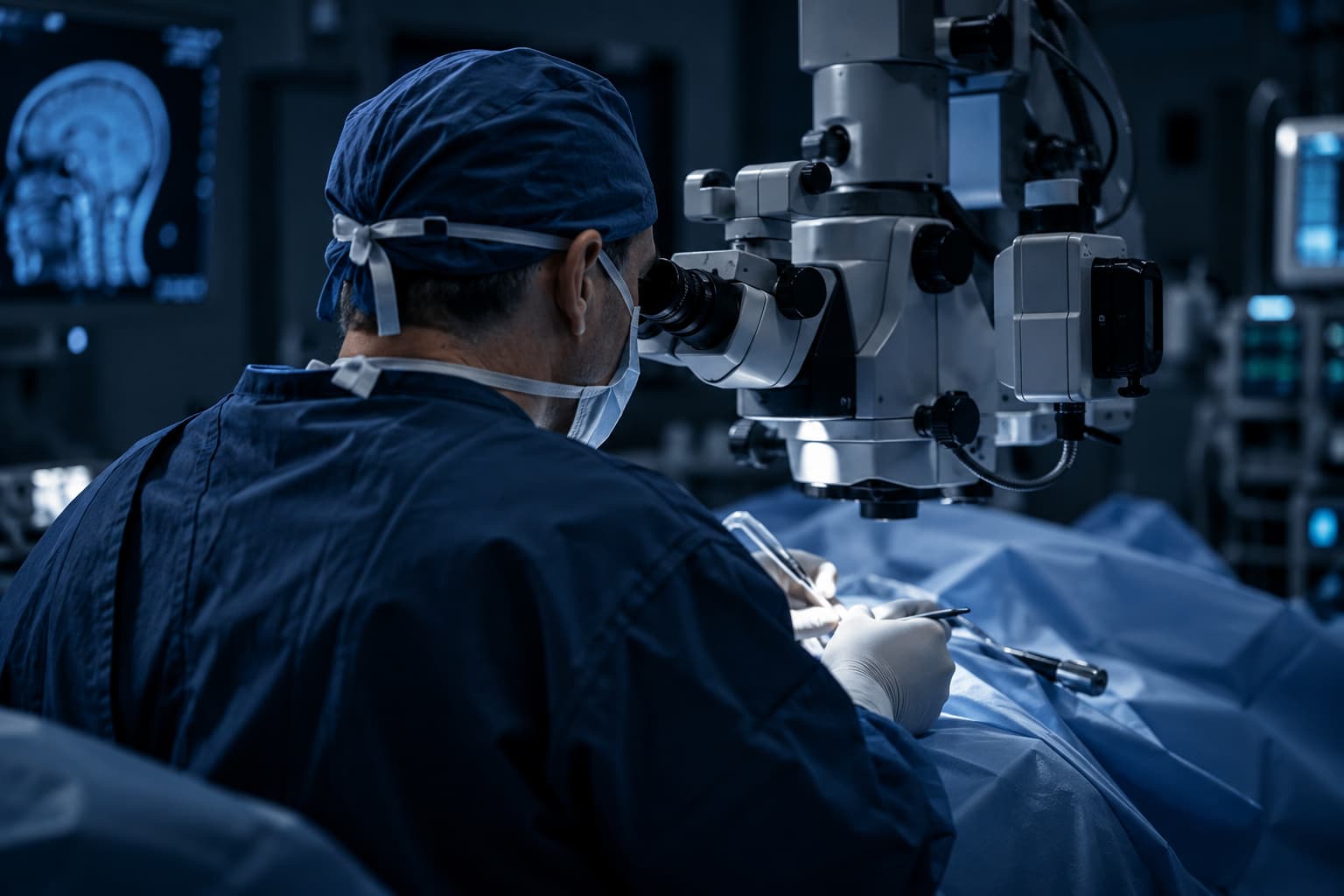 Neurocirujano operando con microscopio quirúrgico, procedimientos que un neurólogo no realiza