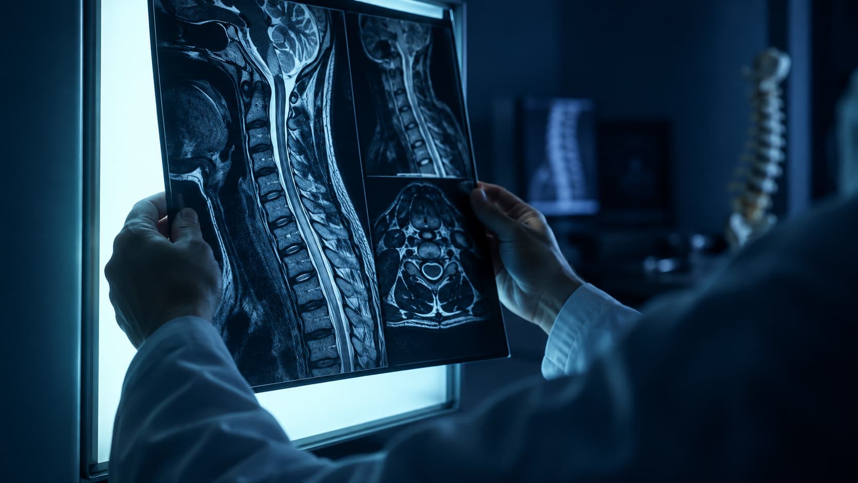 Neurocirujano en Santa Fe revisando una resonancia magnética de columna cervical contra la luz