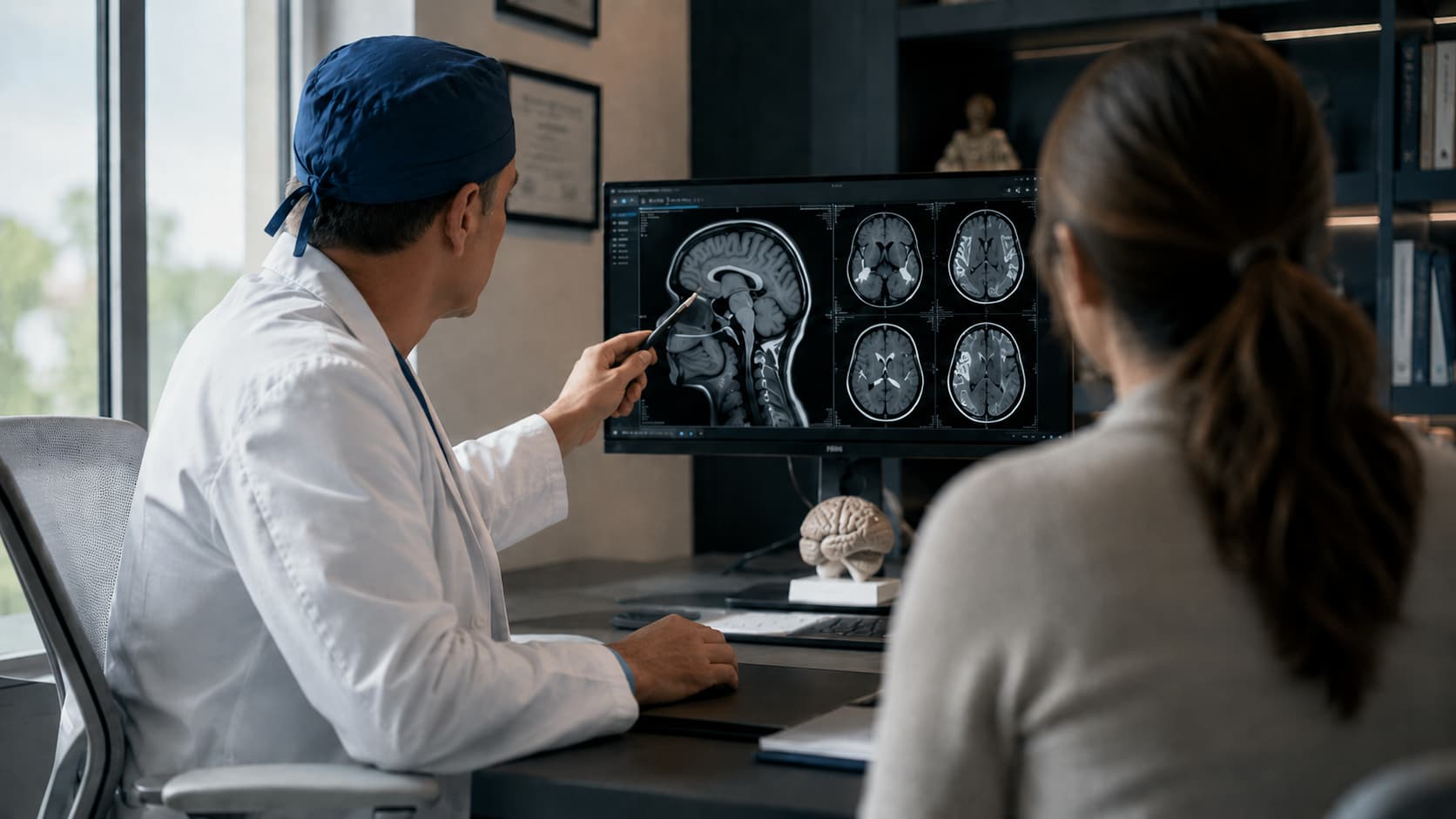 Neurocirujano en Toluca explicando estudios de resonancia magnética a una paciente en consulta