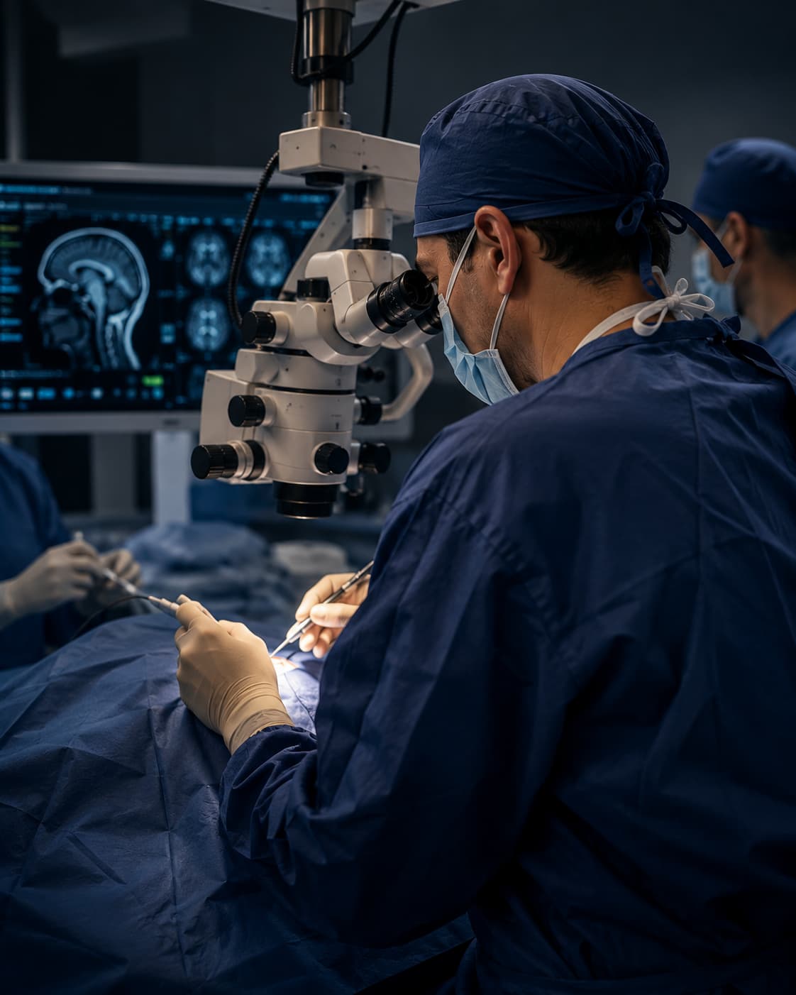 Equipo quirúrgico operando con microscopio y monitoreo neurofisiológico