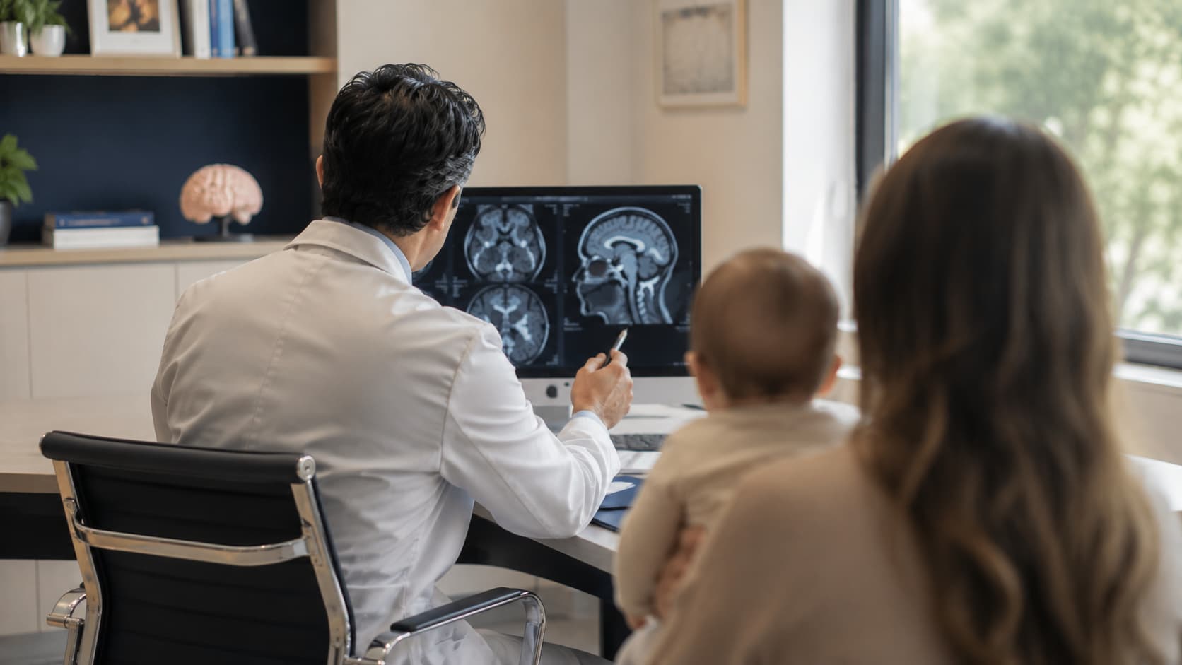 Neurocirujano pediatra en Santa Fe explicando una resonancia a la mamá de un bebé en consulta