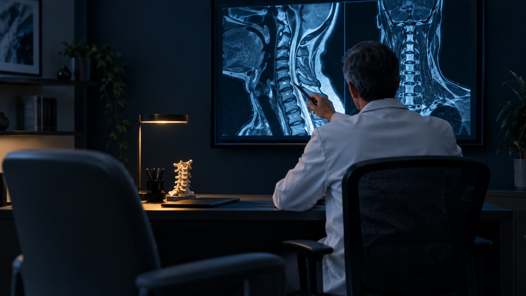 Neurocirujano revisando una resonancia de columna cervical en consulta, atención para pacientes de Metepec