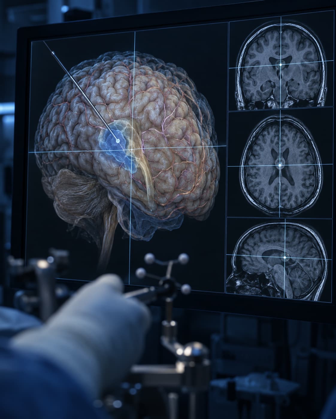Pantalla de neuronavegación con reconstrucción del cerebro durante una cirugía